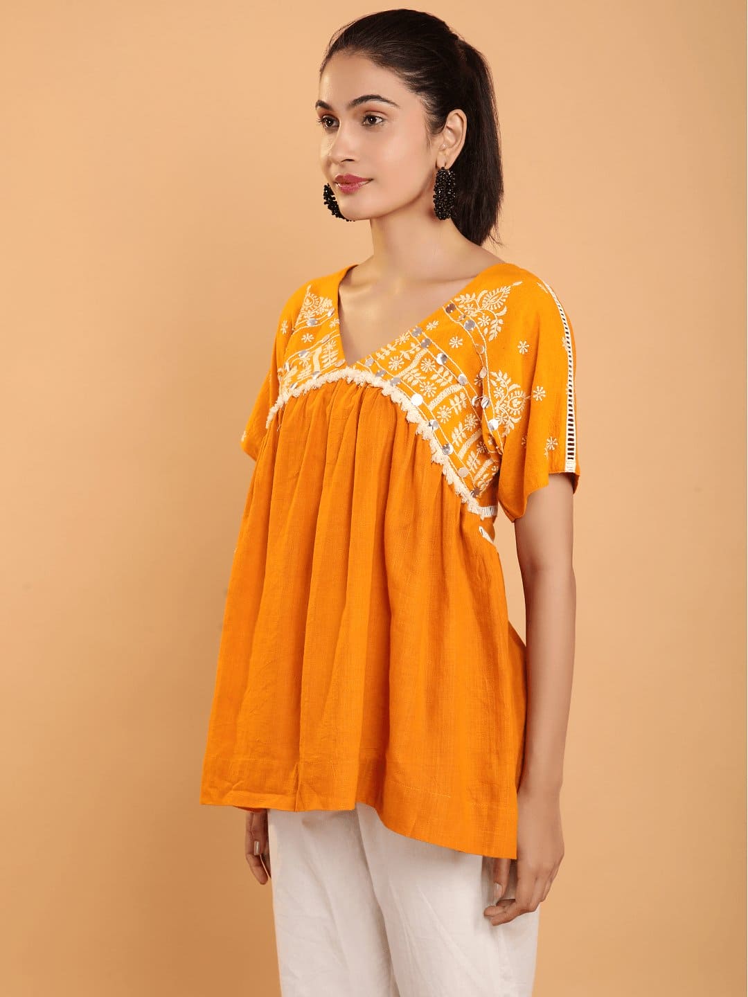 Mustard Boho Chikan Cotton Co-Ord Set - Charkha TalesMustard Boho Chikan Cotton Co-Ord Set