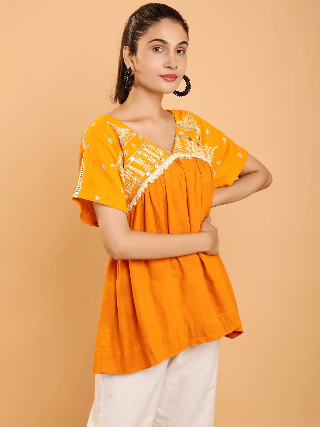 Mustard Boho Chikan Cotton Co-Ord Set - Charkha TalesMustard Boho Chikan Cotton Co-Ord Set