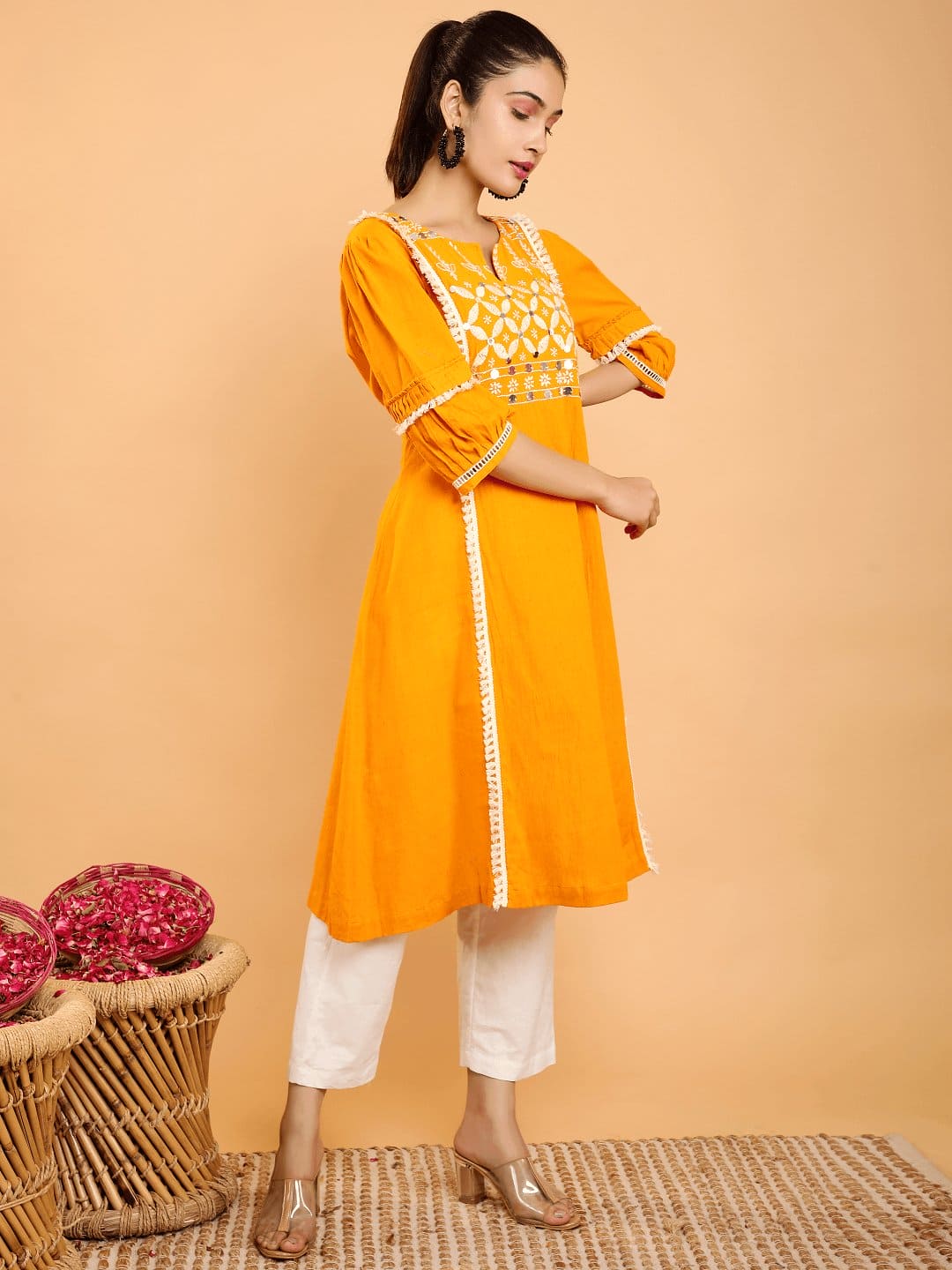 Mustard Boho Chikankari Kurta Set - Charkha TalesMustard Boho Chikankari Kurta Set