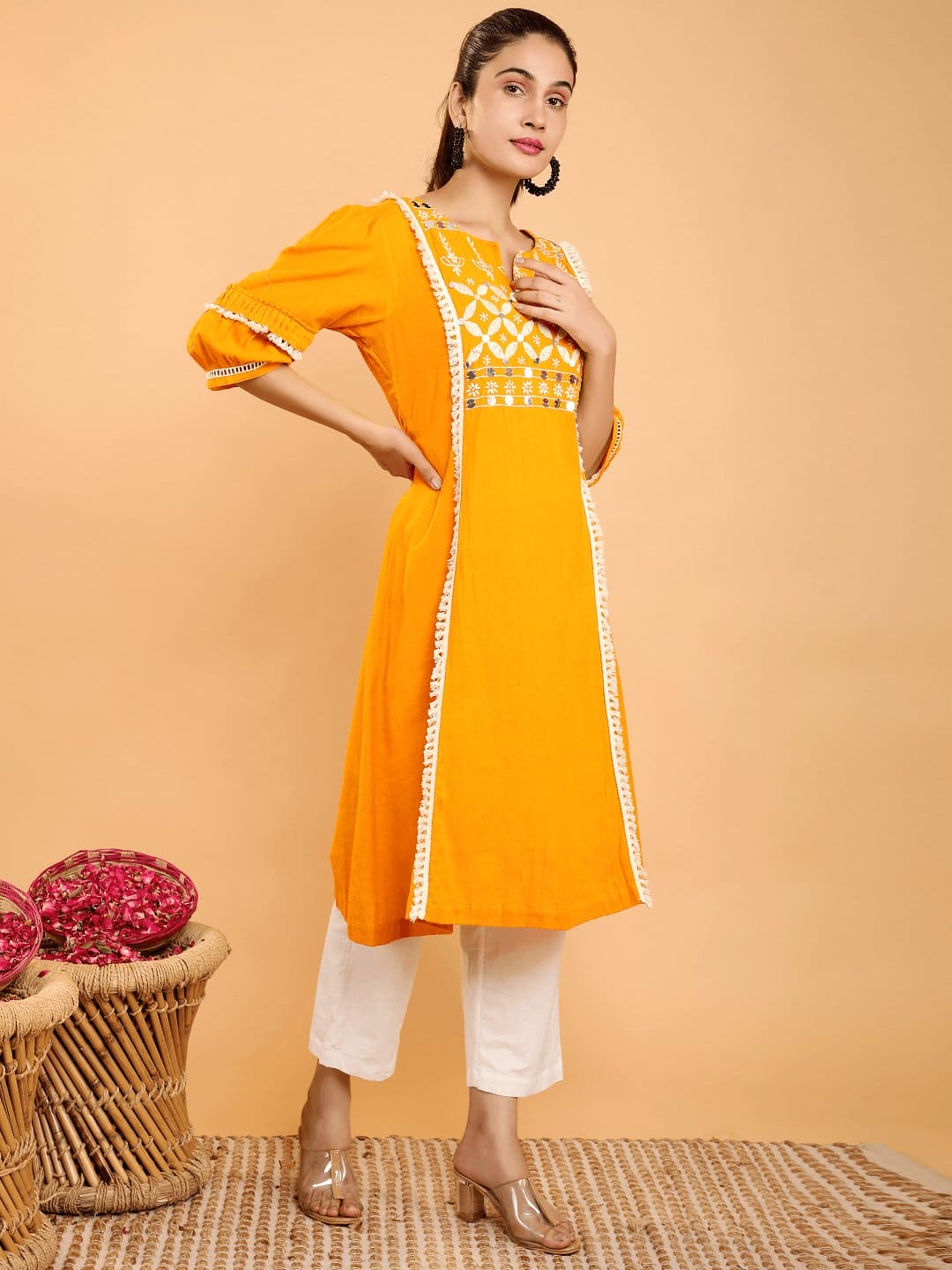 Mustard Boho Chikankari Kurta Set - Charkha TalesMustard Boho Chikankari Kurta Set