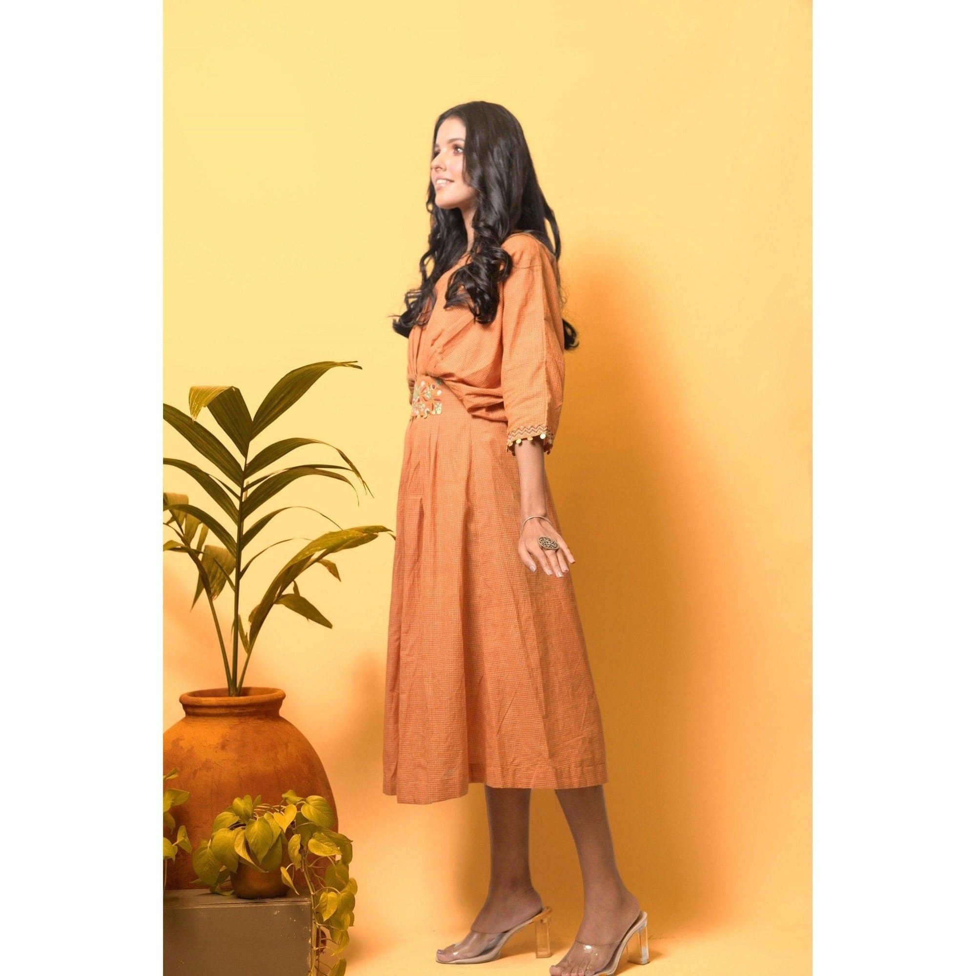 Mustard Boho Embroidered Belt Kaftaan - Charkha TalesMustard Boho Embroidered Belt Kaftaan