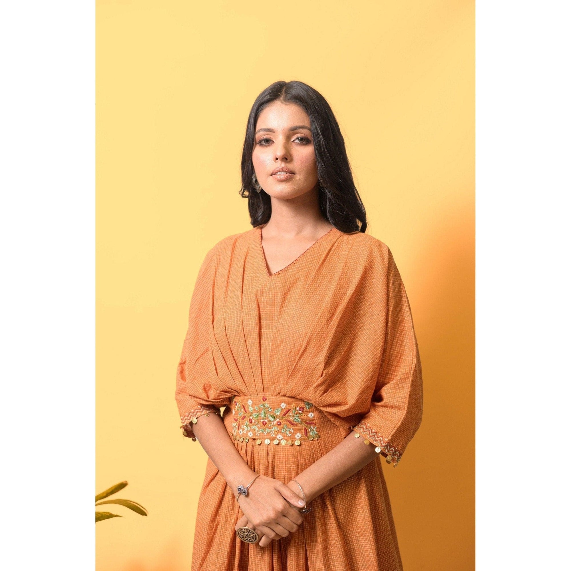 Mustard Boho Embroidered Belt Kaftaan - Charkha TalesMustard Boho Embroidered Belt Kaftaan