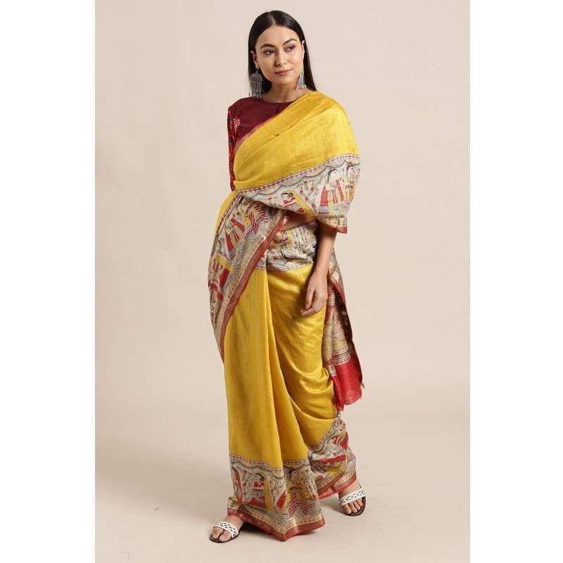 Mustard Madhubani Print Silk Saree - Charkha TalesMustard Madhubani Print Silk Saree