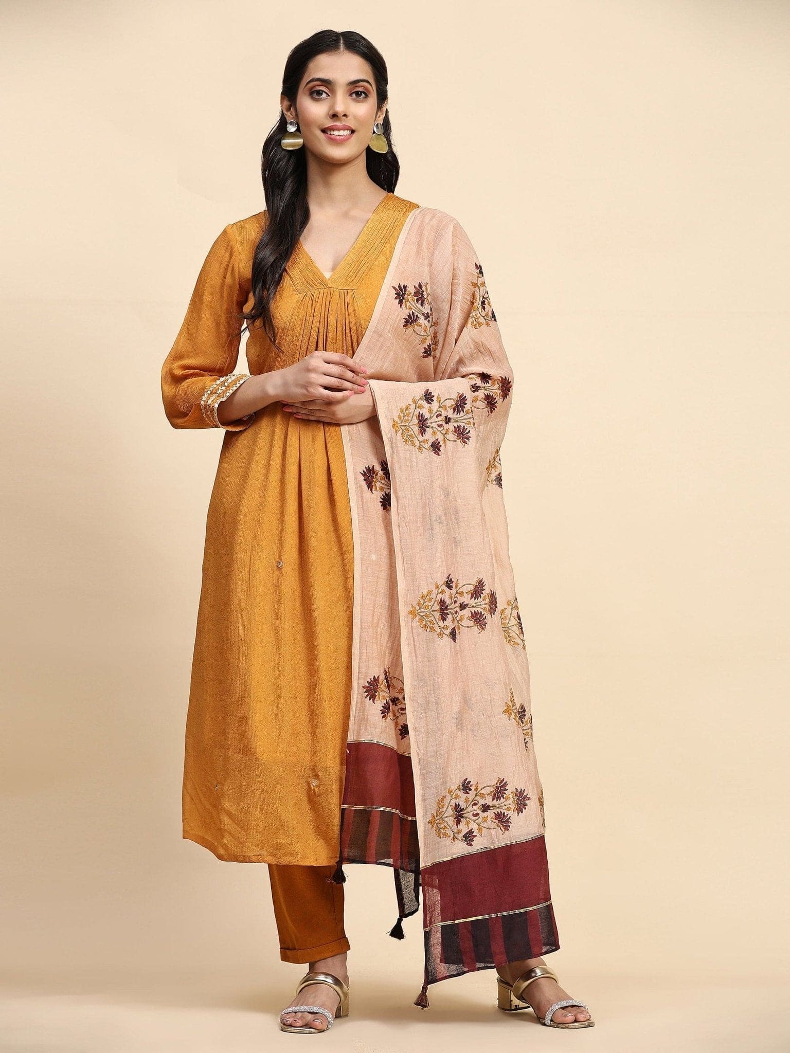 Mustard Yellow Chinon Kurta Set - Charkha TalesMustard Yellow Chinon Kurta Set