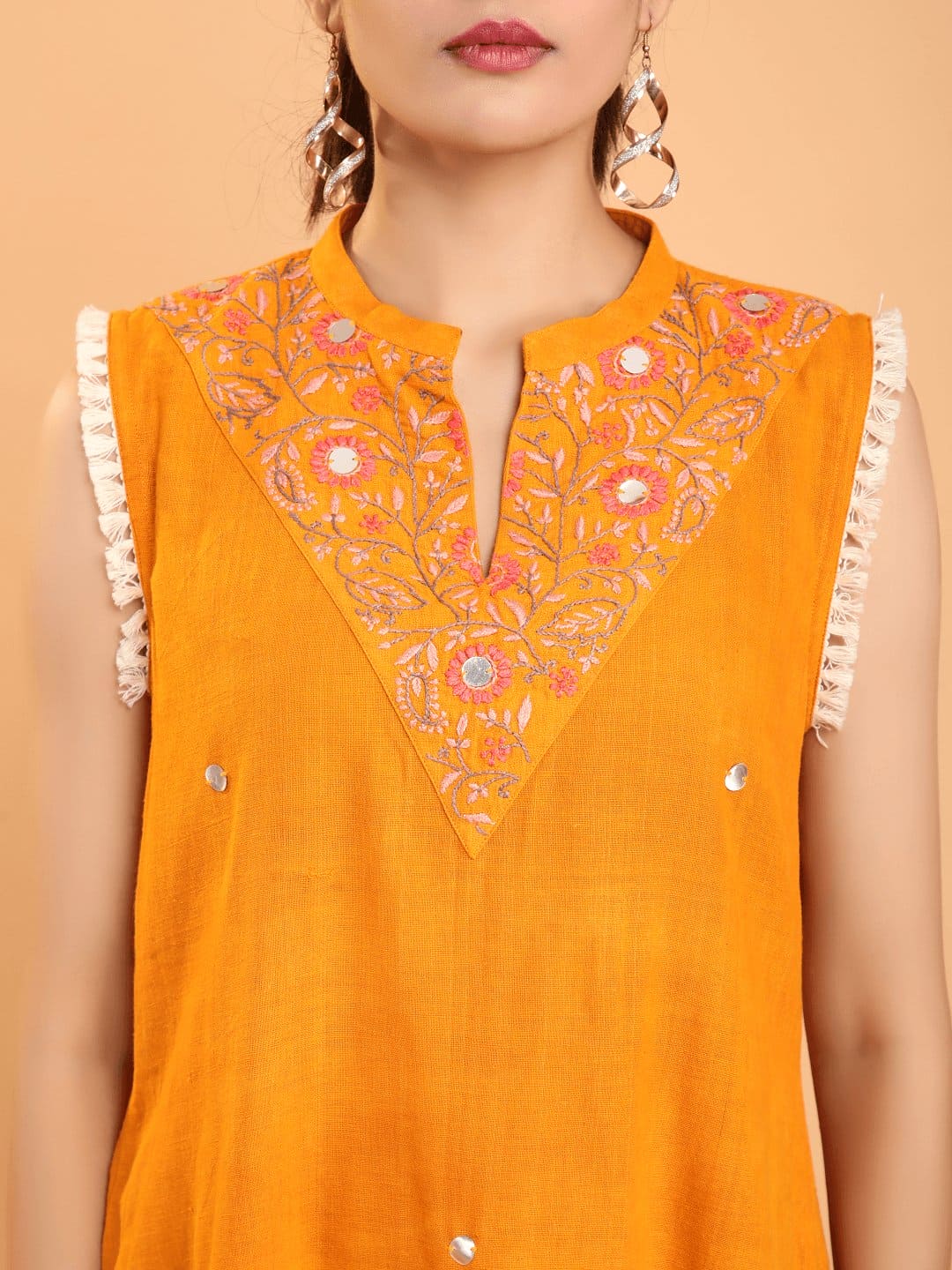 Mustard Yellow Cotton Boho Chikankari Dress - Charkha TalesMustard Yellow Cotton Boho Chikankari Dress