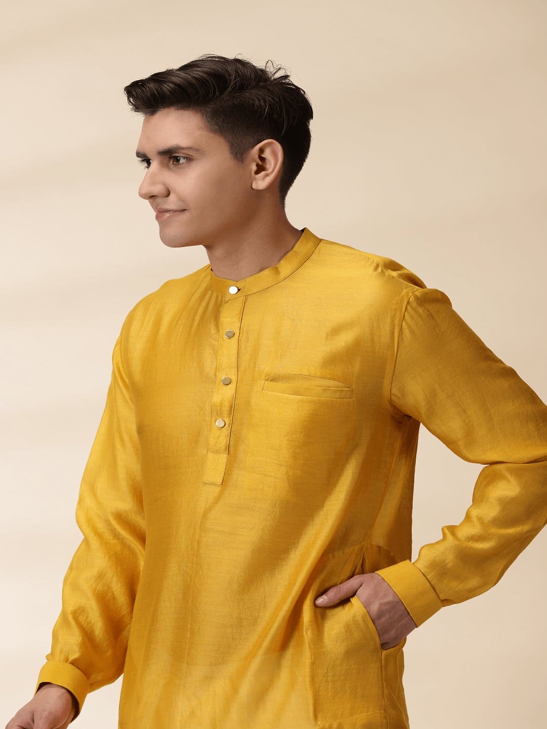 Mustard Yellow Men Chanderi Kurta - Charkha TalesMustard Yellow Men Chanderi Kurta