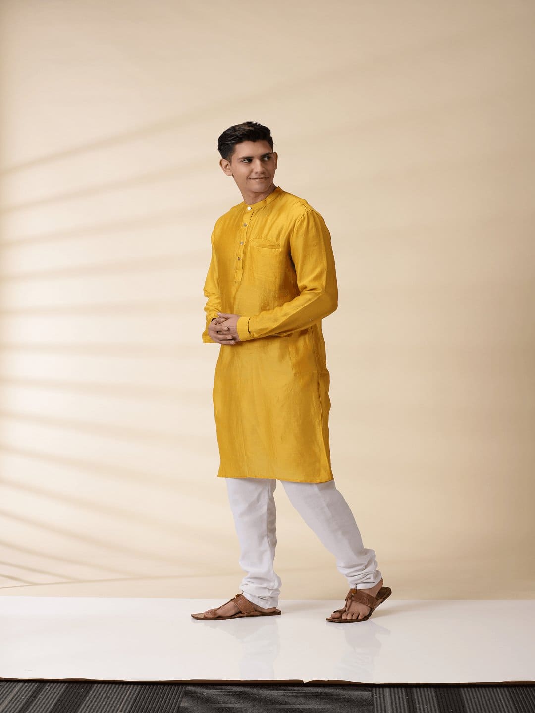 Mustard Yellow Men Chanderi Kurta - Charkha TalesMustard Yellow Men Chanderi Kurta