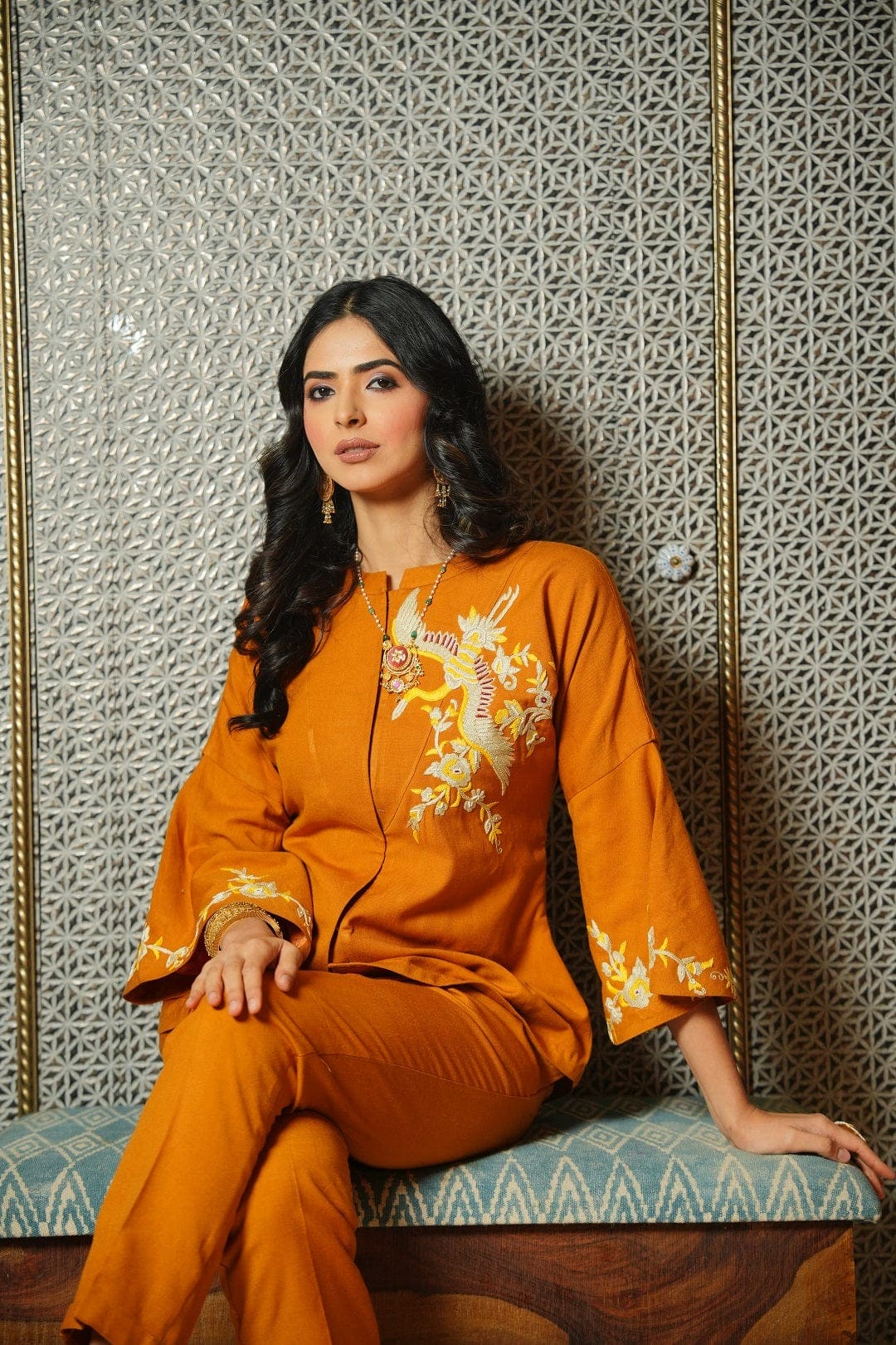 Mustard Yellow Wool Parsi Embroidered Coord - Charkha TalesMustard Yellow Wool Parsi Embroidered Coord