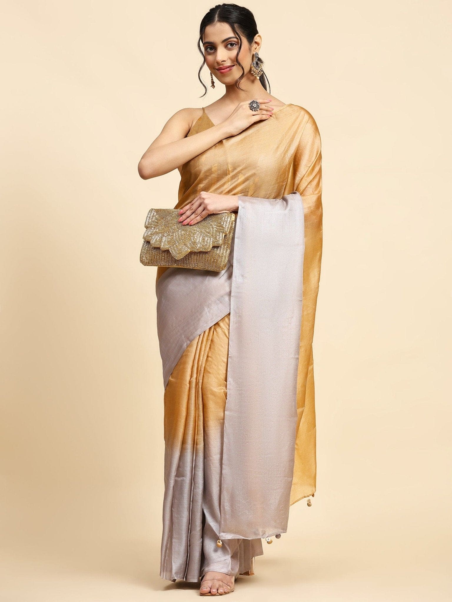 Mustured Yellow & Copper Tussar Silk Saree - Charkha TalesMustured Yellow & Copper Tussar Silk Saree