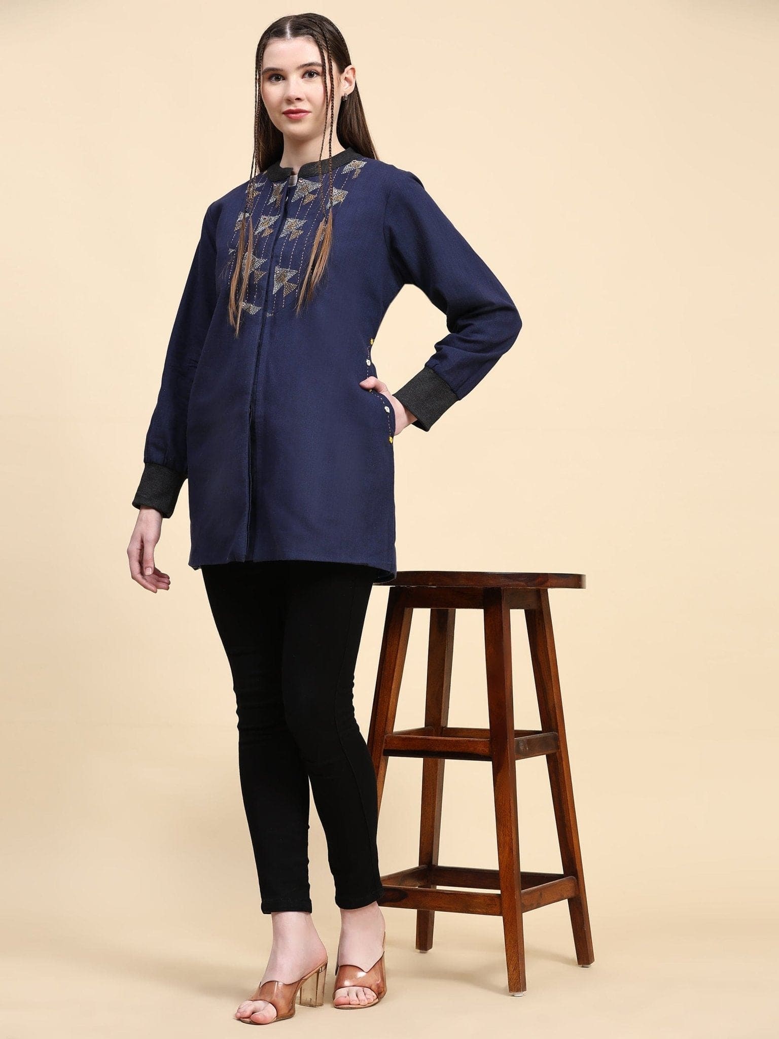 Navy Blue Cotton Kantha Women Jacket - Charkha TalesNavy Blue Cotton Kantha Women Jacket