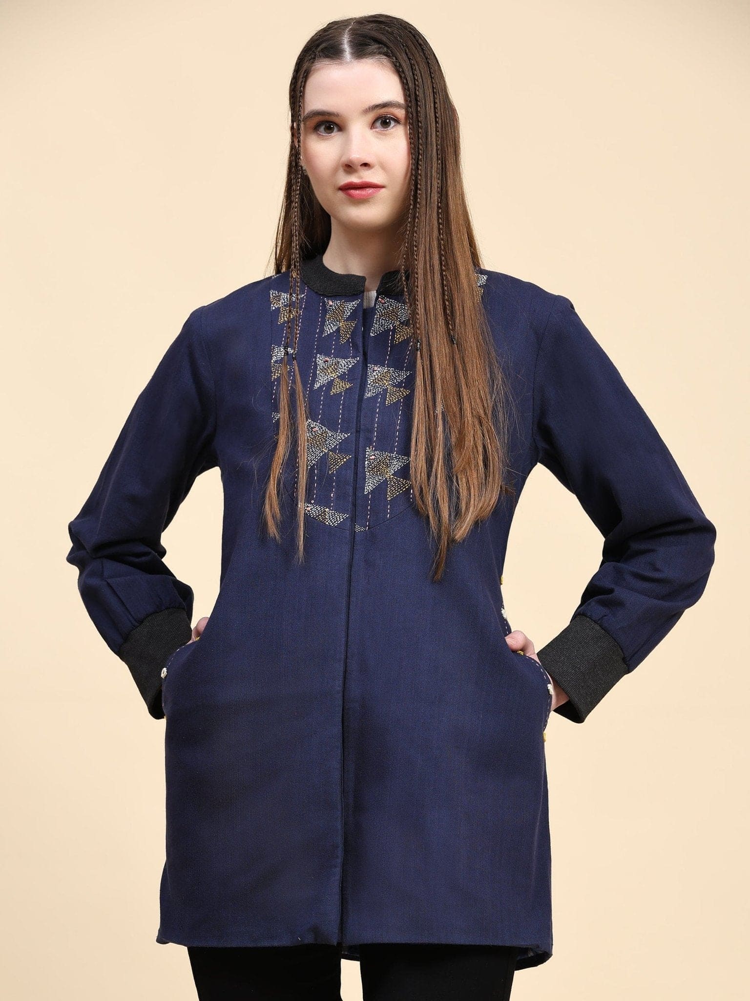Navy Blue Cotton Kantha Women Jacket - Charkha TalesNavy Blue Cotton Kantha Women Jacket