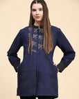 Navy Blue Cotton Kantha Women Jacket - Charkha TalesNavy Blue Cotton Kantha Women Jacket