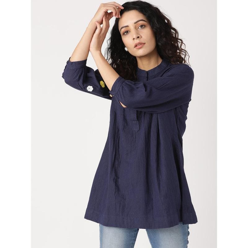 Navy Blue Crochet Flower Women Top - Charkha TalesNavy Blue Crochet Flower Women Top