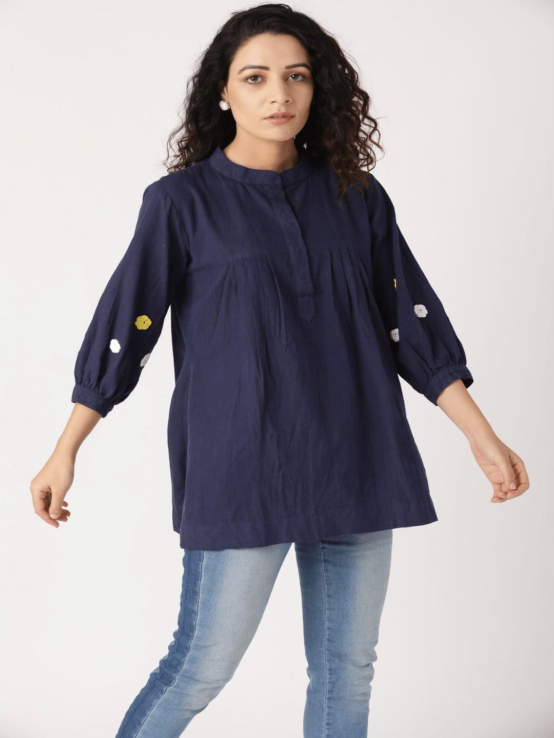 Navy Blue Crochet Flower Women Top - Charkha TalesNavy Blue Crochet Flower Women Top