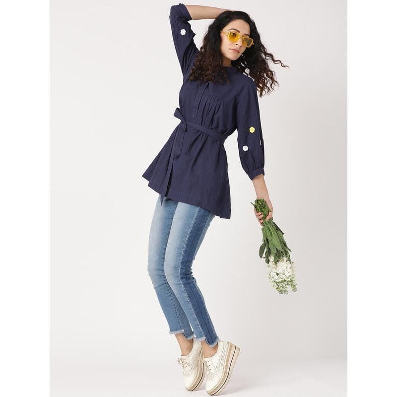 Navy Blue Crochet Flower Women Top - Charkha TalesNavy Blue Crochet Flower Women Top