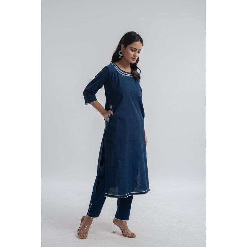 Navy Blue Embroidered Kurta Set - Charkha TalesNavy Blue Embroidered Kurta Set