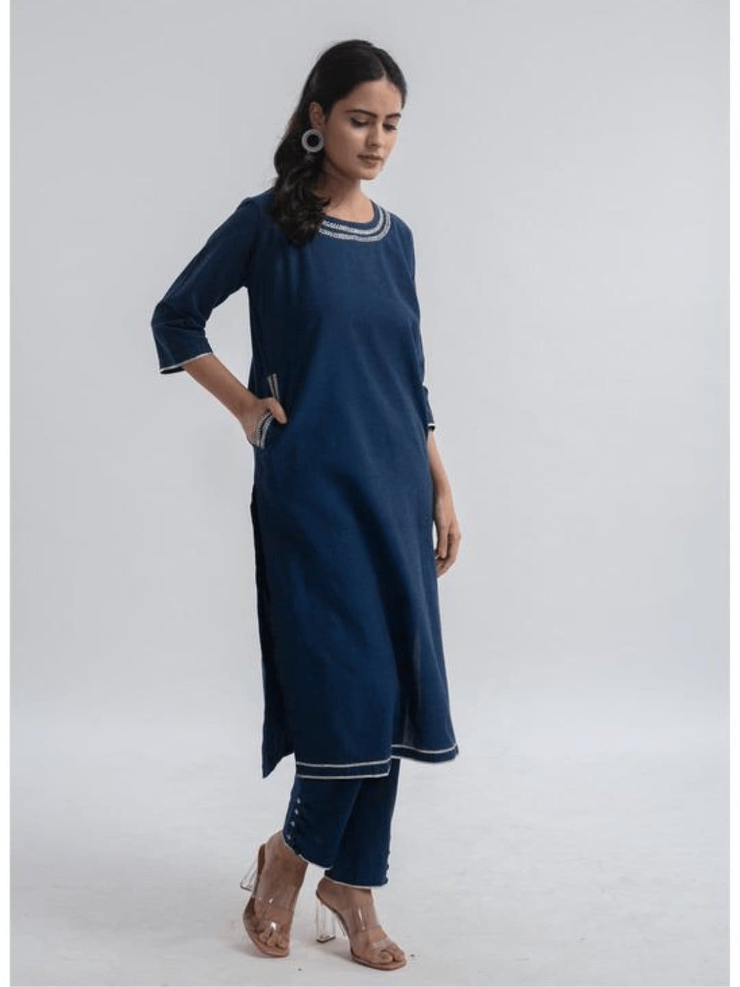 Navy Blue Embroidered Kurta Set - Charkha TalesNavy Blue Embroidered Kurta Set