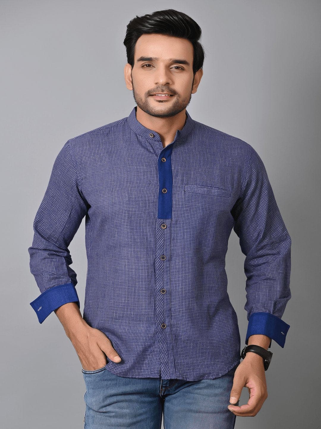 Navy Blue Khadi Soft Check Men Shirt - Charkha TalesNavy Blue Khadi Soft Check Men Shirt