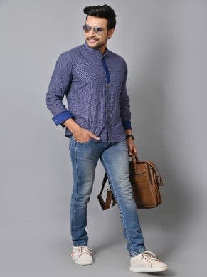 Navy Blue Khadi Soft Check Men Shirt - Charkha TalesNavy Blue Khadi Soft Check Men Shirt