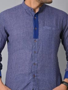 Navy Blue Khadi Soft Check Men Shirt - Charkha TalesNavy Blue Khadi Soft Check Men Shirt