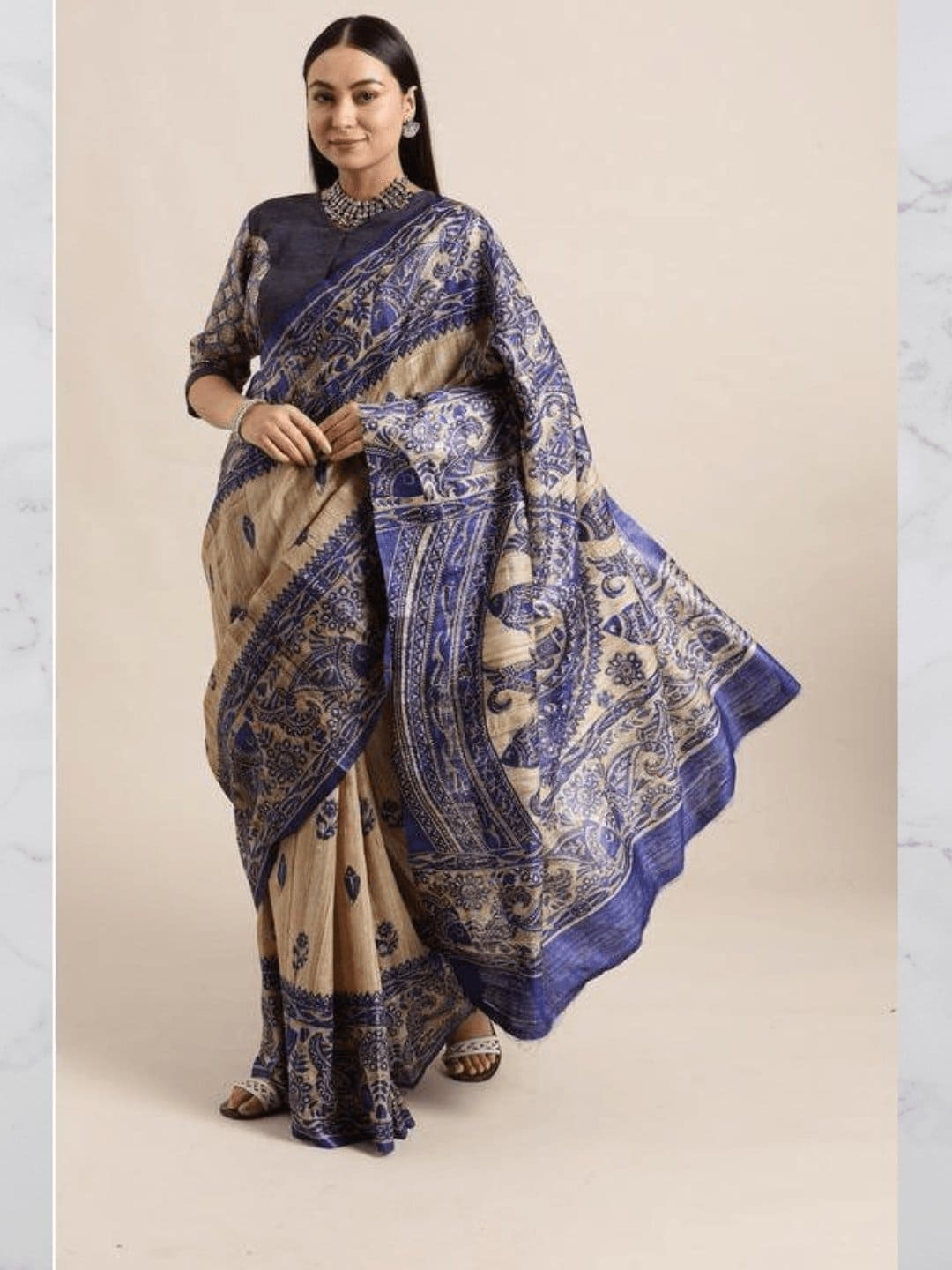 Navy Blue Madhubani Print Silk Saree - Charkha TalesNavy Blue Madhubani Print Silk Saree