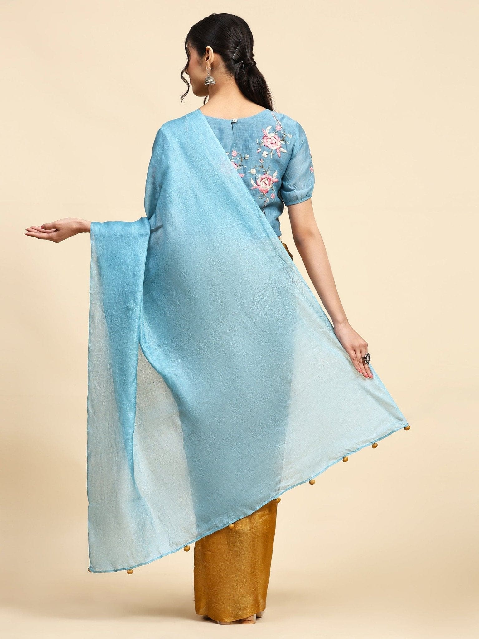 Ocean Blue & Mustured Tussar Silk Saree - Charkha TalesOcean Blue & Mustured Tussar Silk Saree