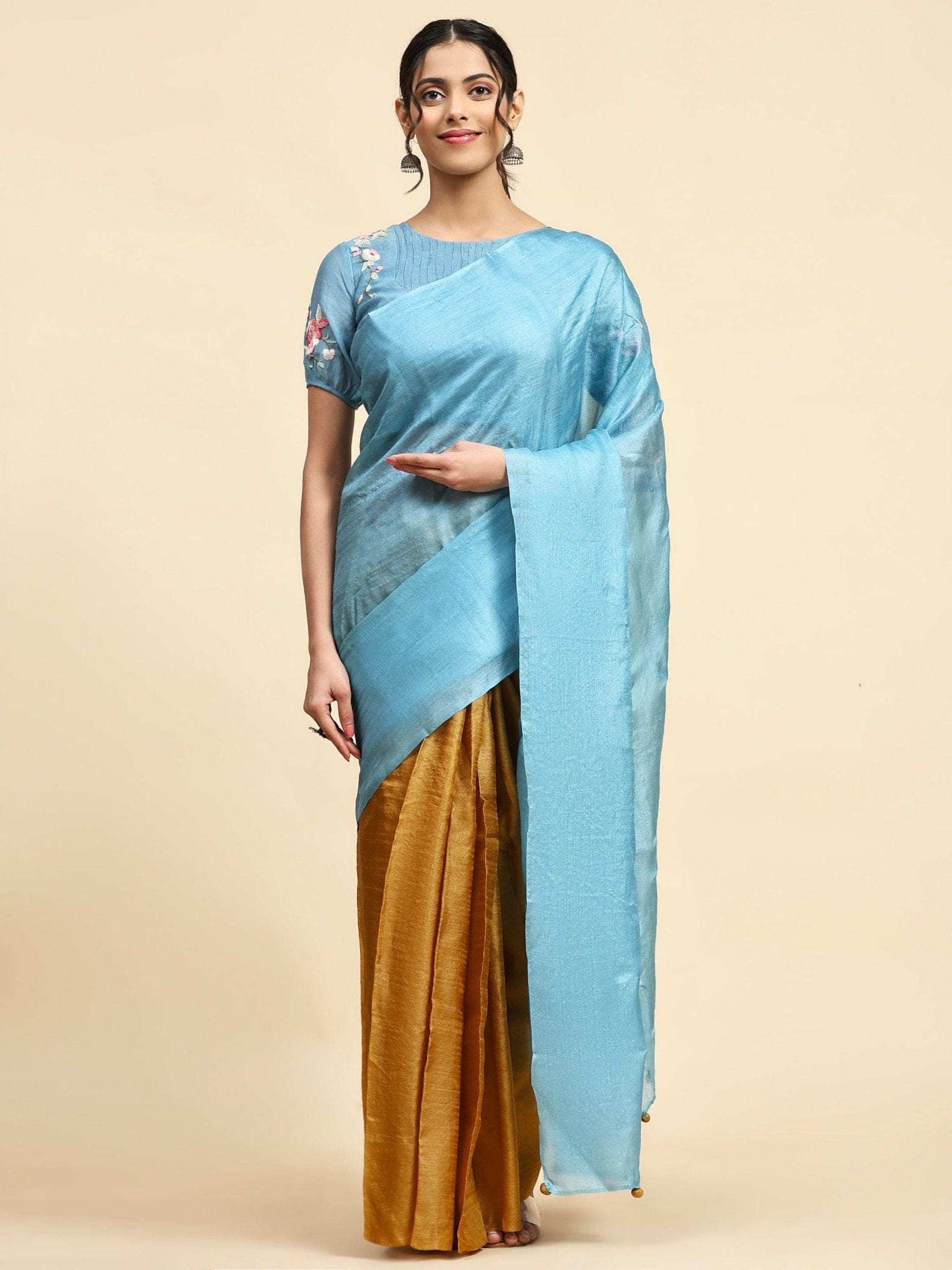 Ocean Blue & Mustured Tussar Silk Saree - Charkha TalesOcean Blue & Mustured Tussar Silk Saree