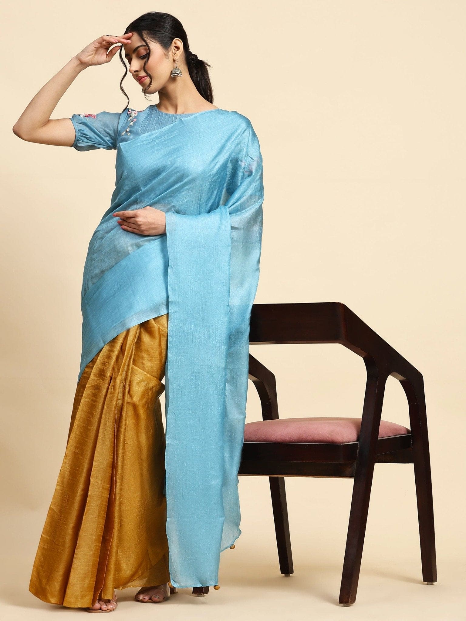 Ocean Blue & Mustured Tussar Silk Saree - Charkha TalesOcean Blue & Mustured Tussar Silk Saree