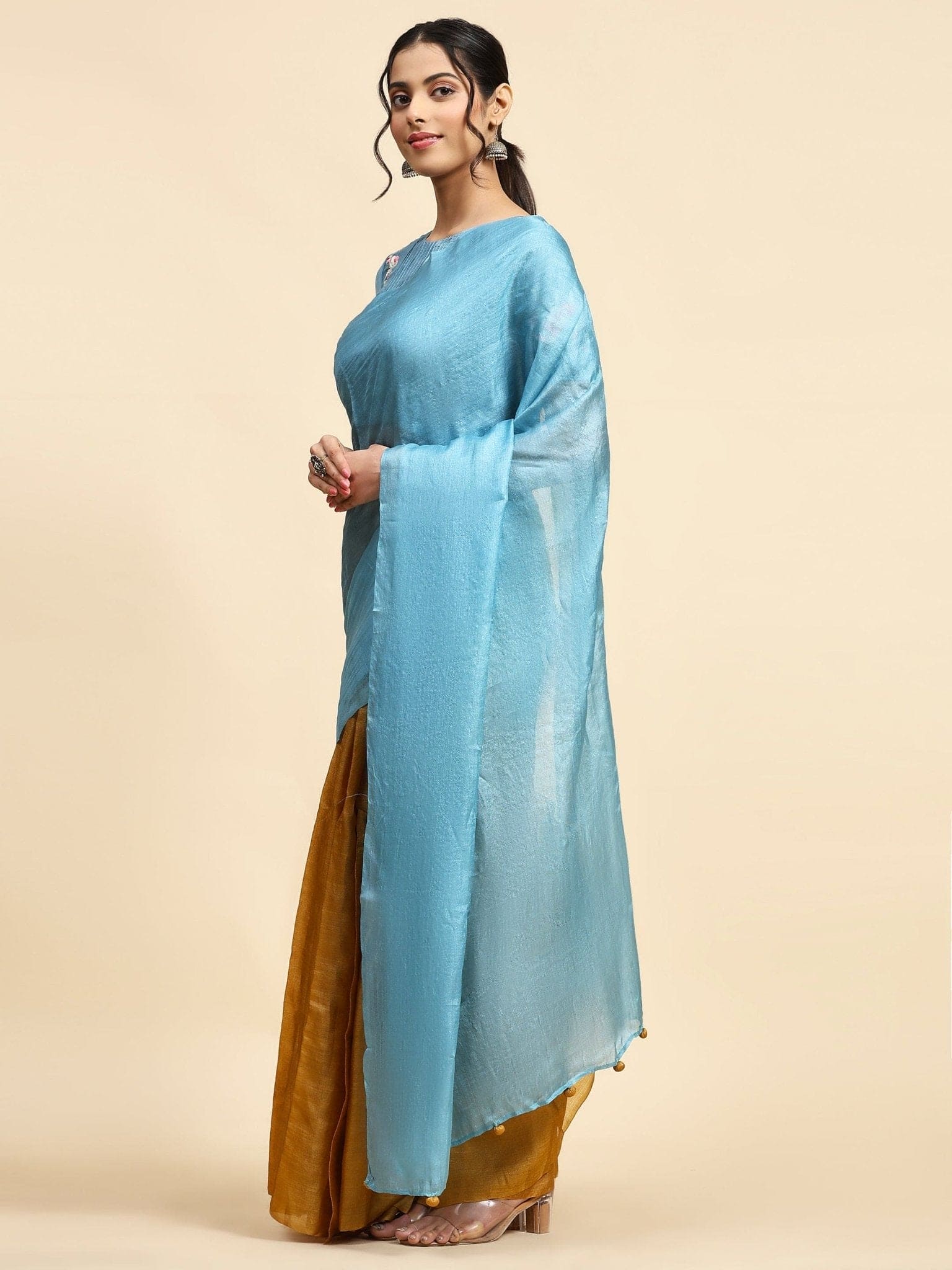 Ocean Blue & Mustured Tussar Silk Saree - Charkha TalesOcean Blue & Mustured Tussar Silk Saree