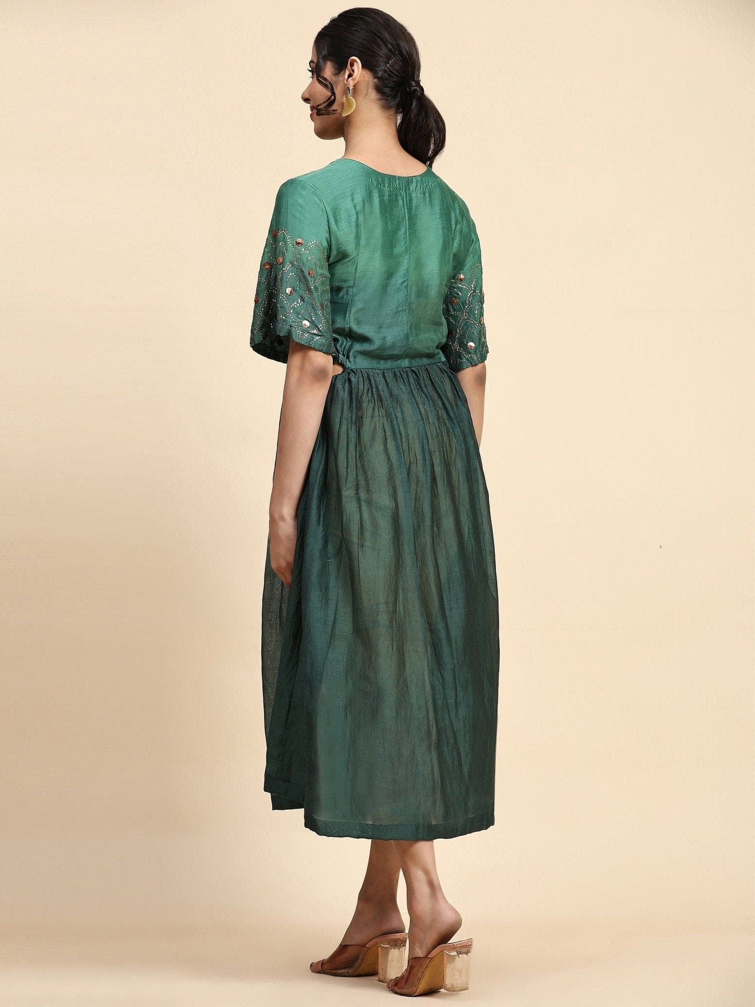 Ocean Green & Grey Mukaish Chanderi Dress - Charkha TalesOcean Green & Grey Mukaish Chanderi Dress