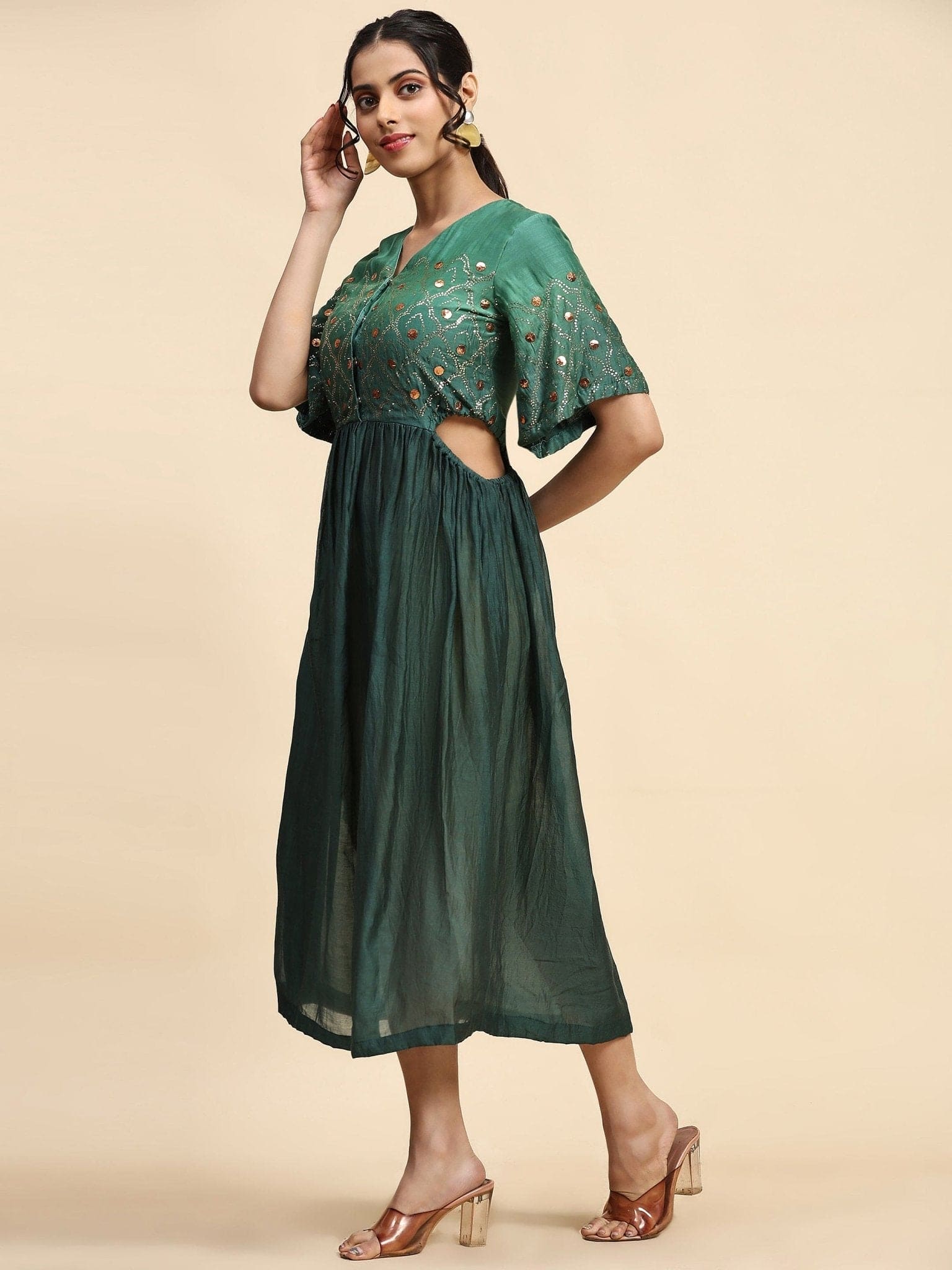 Ocean Green & Grey Mukaish Chanderi Dress - Charkha TalesOcean Green & Grey Mukaish Chanderi Dress