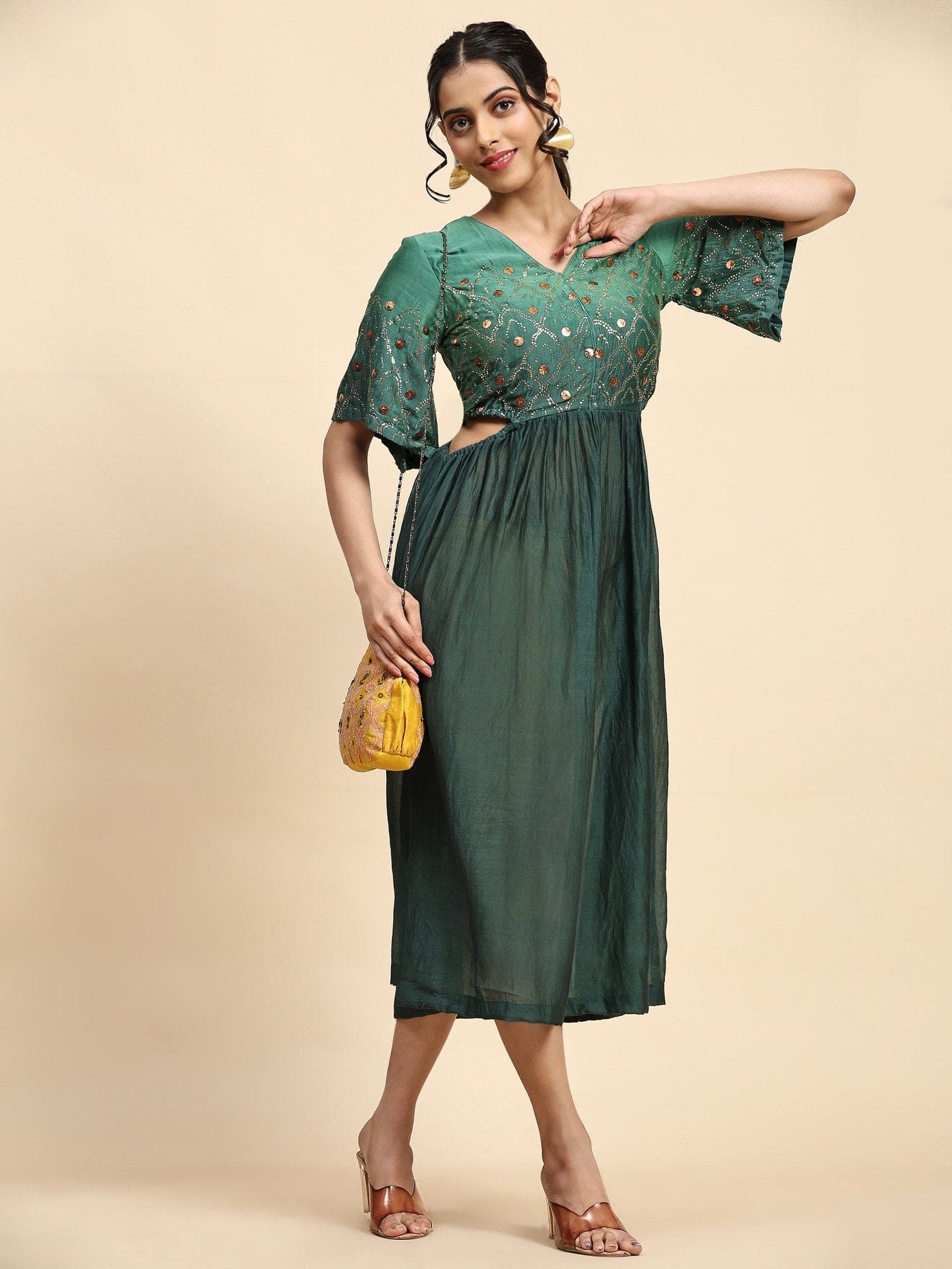 Ocean Green & Grey Mukaish Chanderi Dress - Charkha TalesOcean Green & Grey Mukaish Chanderi Dress