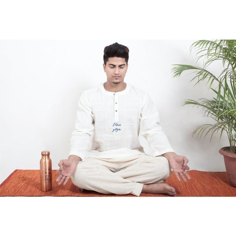 Off- White Bengal Cotton Yoga Kurta Set - Charkha TalesOff- White Bengal Cotton Yoga Kurta Set