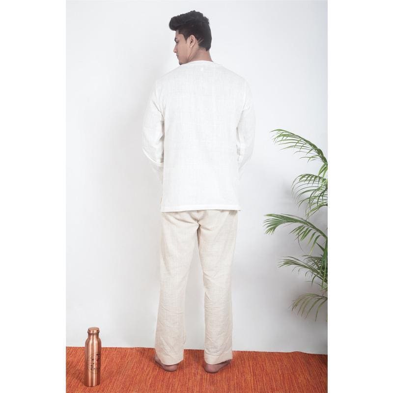 Off- White Bengal Cotton Yoga Kurta Set - Charkha TalesOff- White Bengal Cotton Yoga Kurta Set