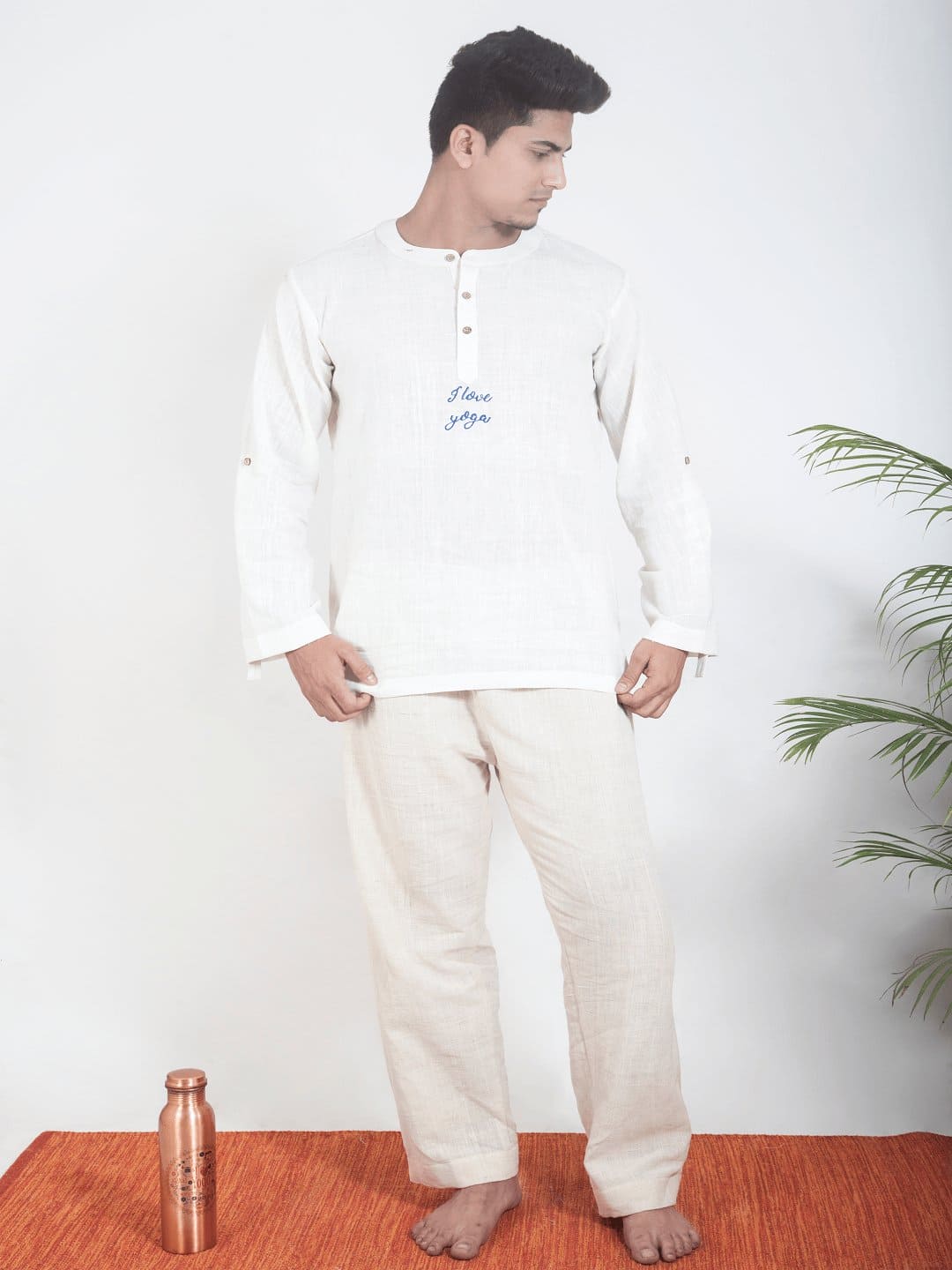 Off- White Bengal Cotton Yoga Kurta Set - Charkha TalesOff- White Bengal Cotton Yoga Kurta Set