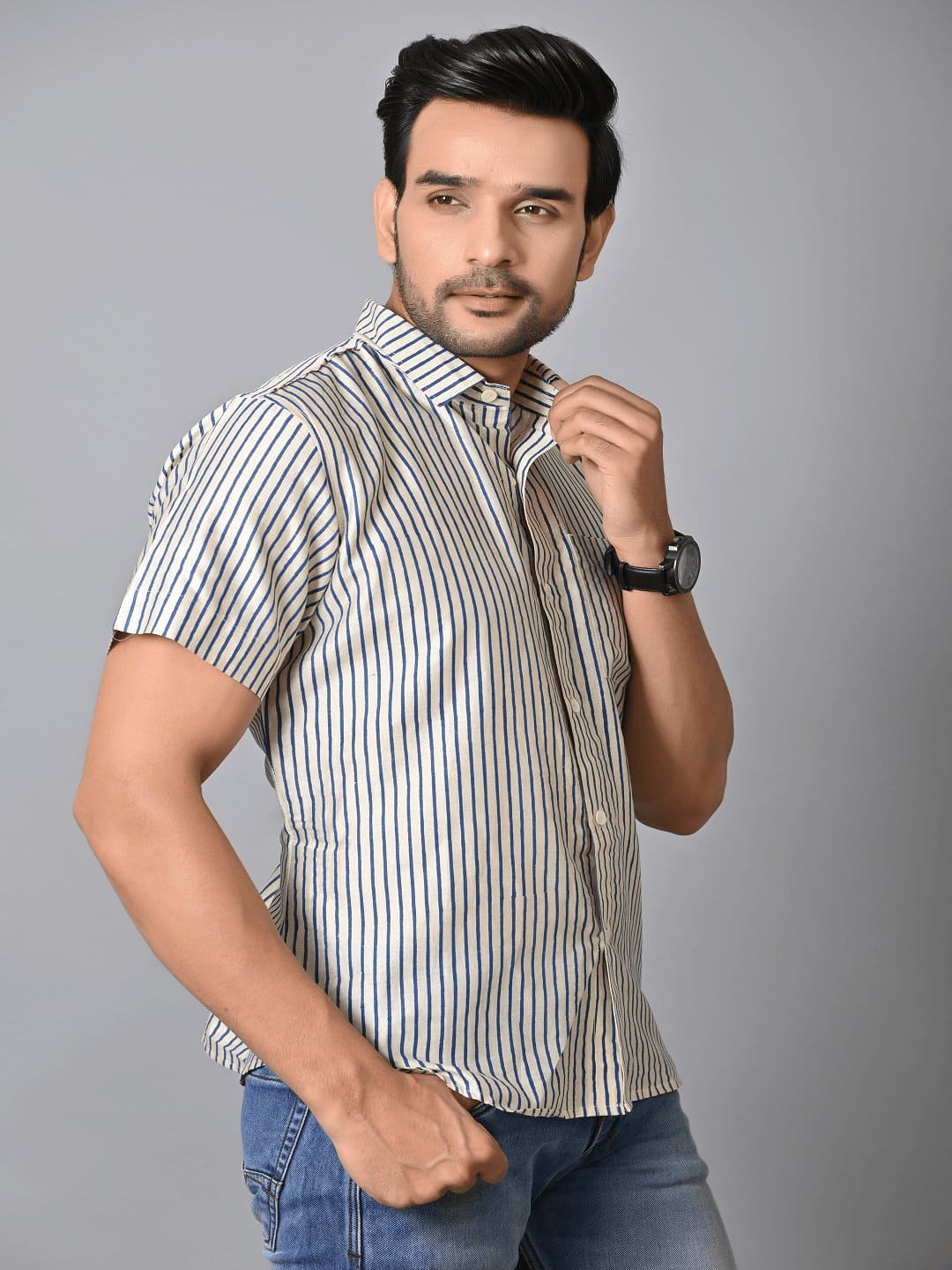 Off White Block Print Chanderi Men Shirt - Charkha TalesOff White Block Print Chanderi Men Shirt