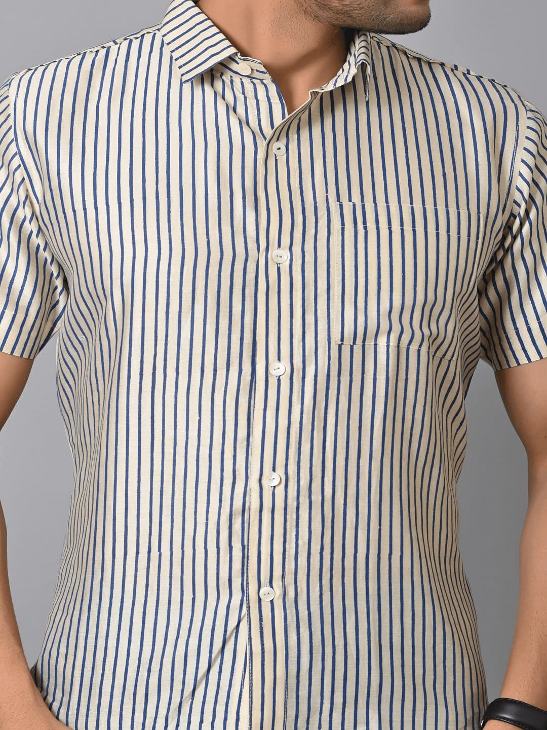 Off White Block Print Chanderi Men Shirt - Charkha TalesOff White Block Print Chanderi Men Shirt