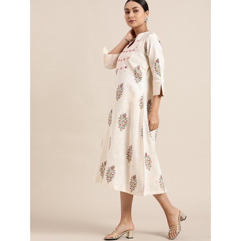 Off-White Block Print Cotton Dress - Charkha TalesOff-White Block Print Cotton Dress