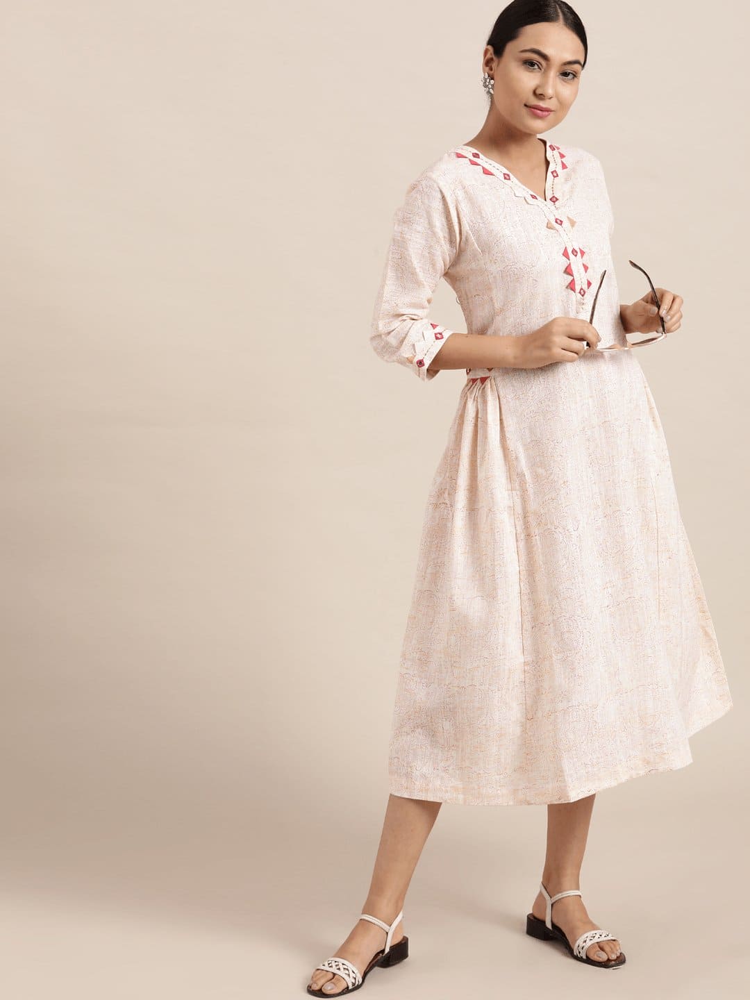 Off-White Block Print Cotton Dress - Charkha TalesOff-White Block Print Cotton Dress