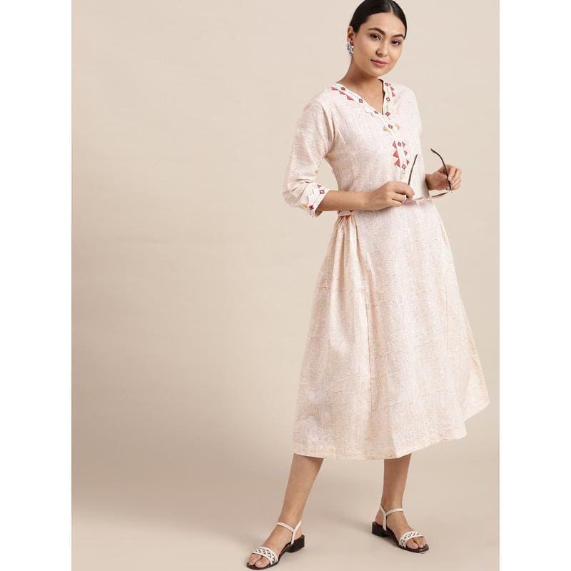 Off-White Block Print Cotton Dress - Charkha TalesOff-White Block Print Cotton Dress
