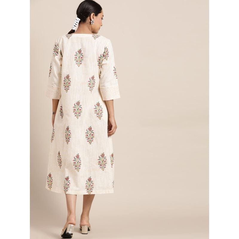 Off-White Block Print Cotton Dress - Charkha TalesOff-White Block Print Cotton Dress