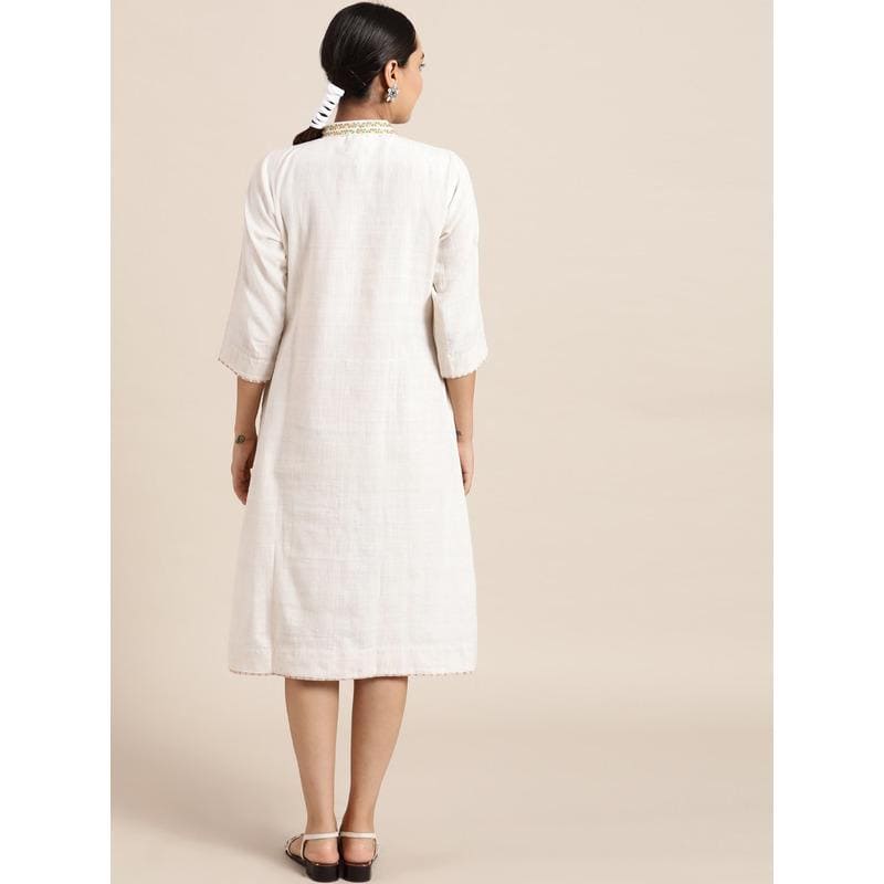 Off-White Floral Embroidered Dress - Charkha TalesOff-White Floral Embroidered Dress