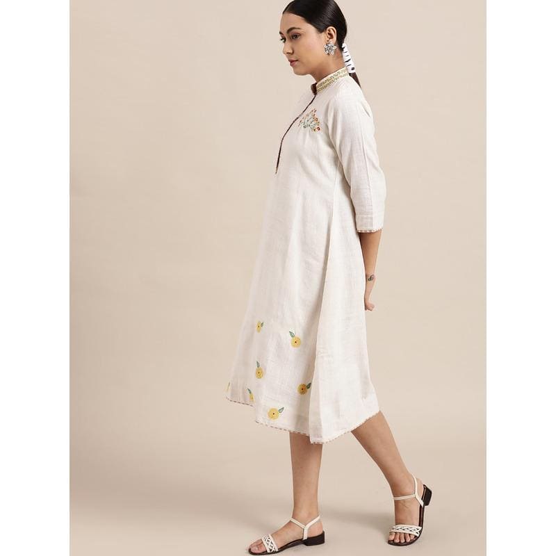 Off-White Floral Embroidered Dress - Charkha TalesOff-White Floral Embroidered Dress