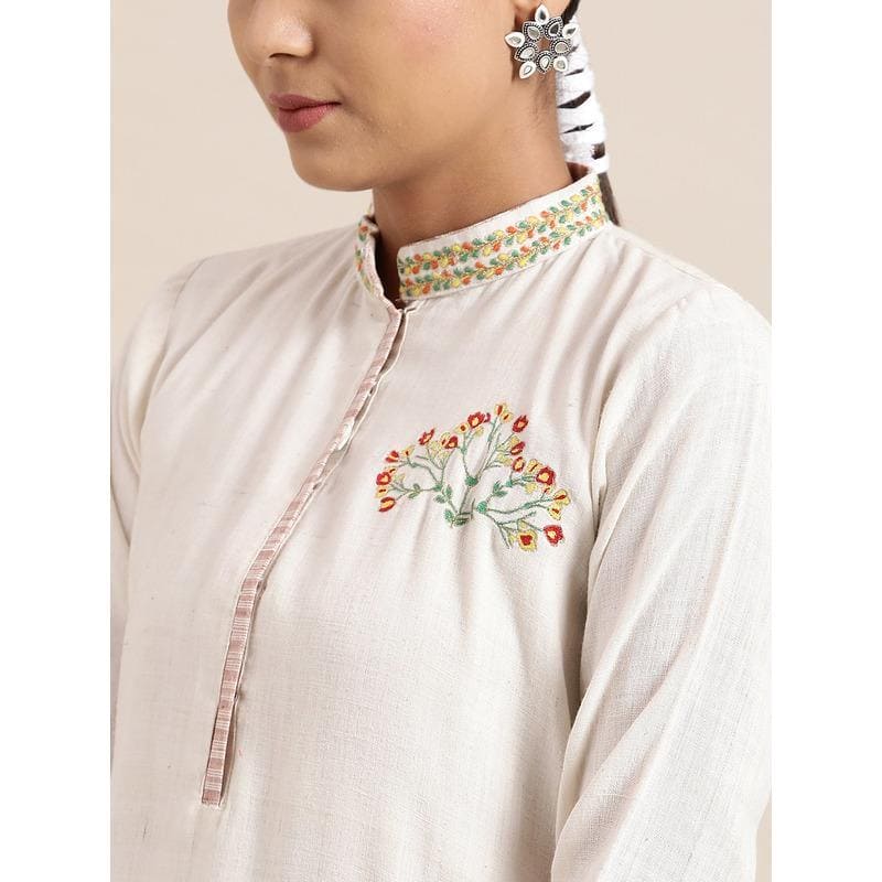 Off-White Floral Embroidered Dress - Charkha TalesOff-White Floral Embroidered Dress