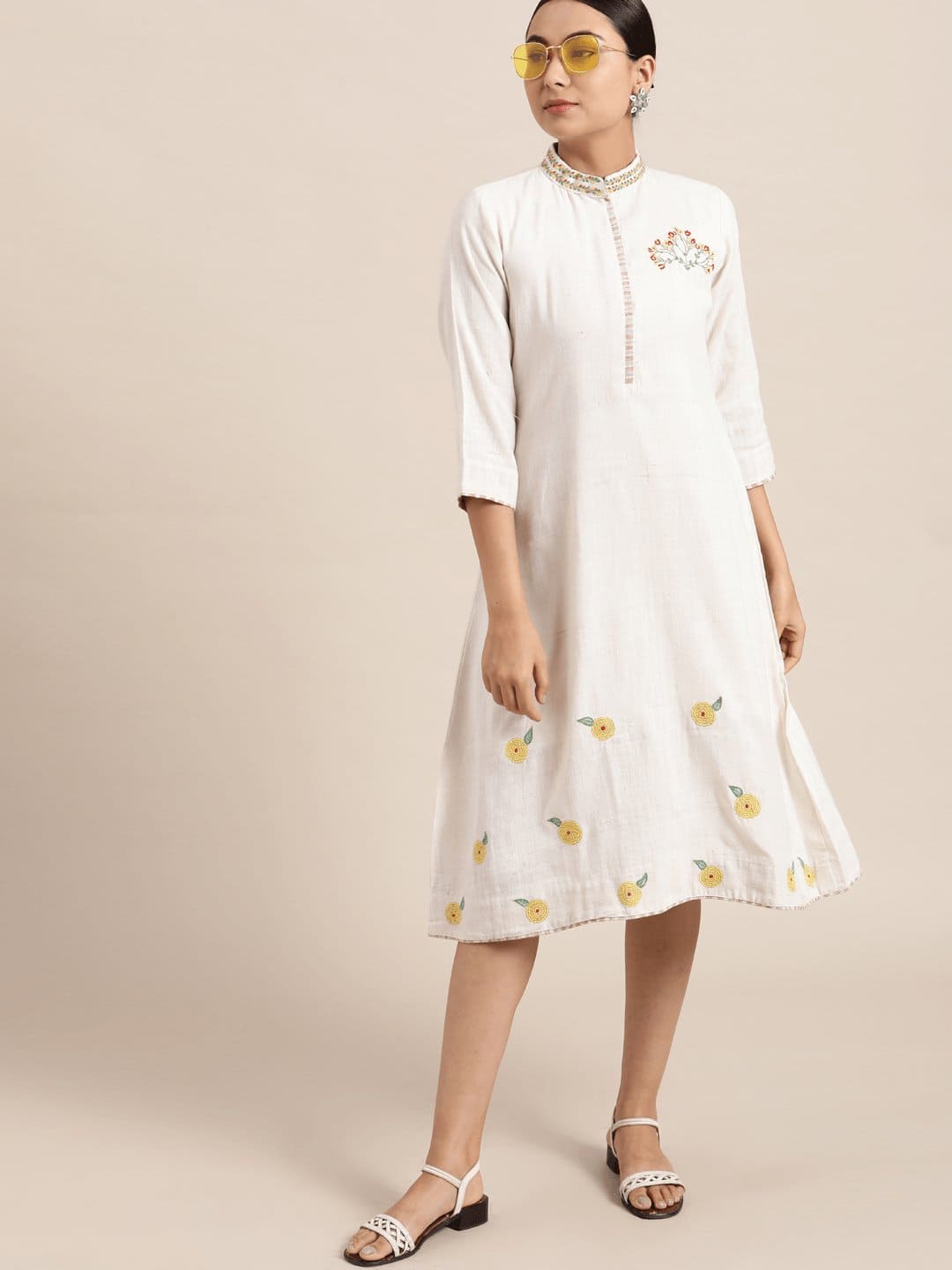 Off-White Floral Embroidered Dress - Charkha TalesOff-White Floral Embroidered Dress