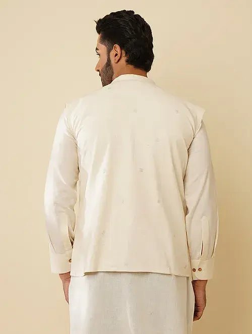 Off White Khadi Cotton Jacket - Charkha TalesOff White Khadi Cotton Jacket