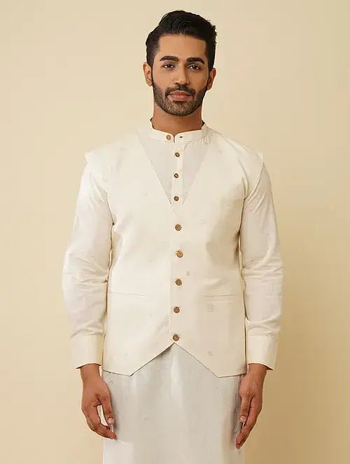 Off White Khadi Cotton Jacket - Charkha TalesOff White Khadi Cotton Jacket