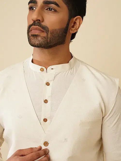 Off White Khadi Cotton Kurta with Jacket (Set of 2) - Charkha TalesOff White Khadi Cotton Kurta with Jacket (Set of 2)