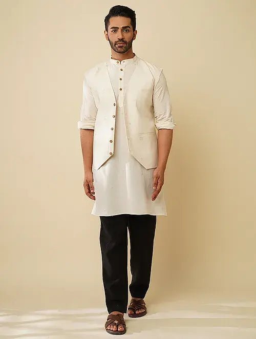 Off White Khadi Cotton Kurta with Jacket (Set of 2) - Charkha TalesOff White Khadi Cotton Kurta with Jacket (Set of 2)