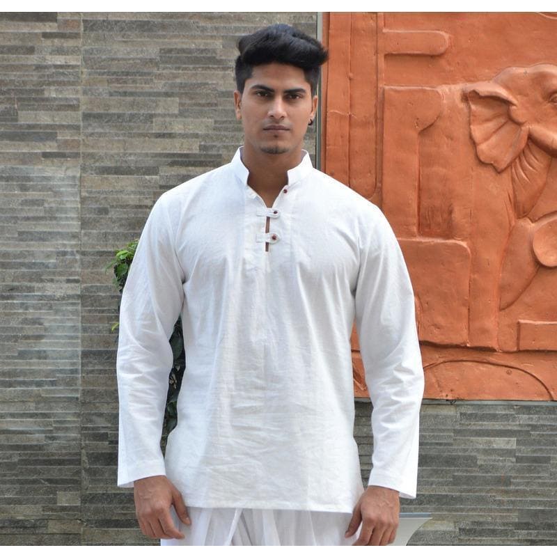 Off-White Khadi Dyan Motif Yoga Kurta Set - Charkha TalesOff-White Khadi Dyan Motif Yoga Kurta Set